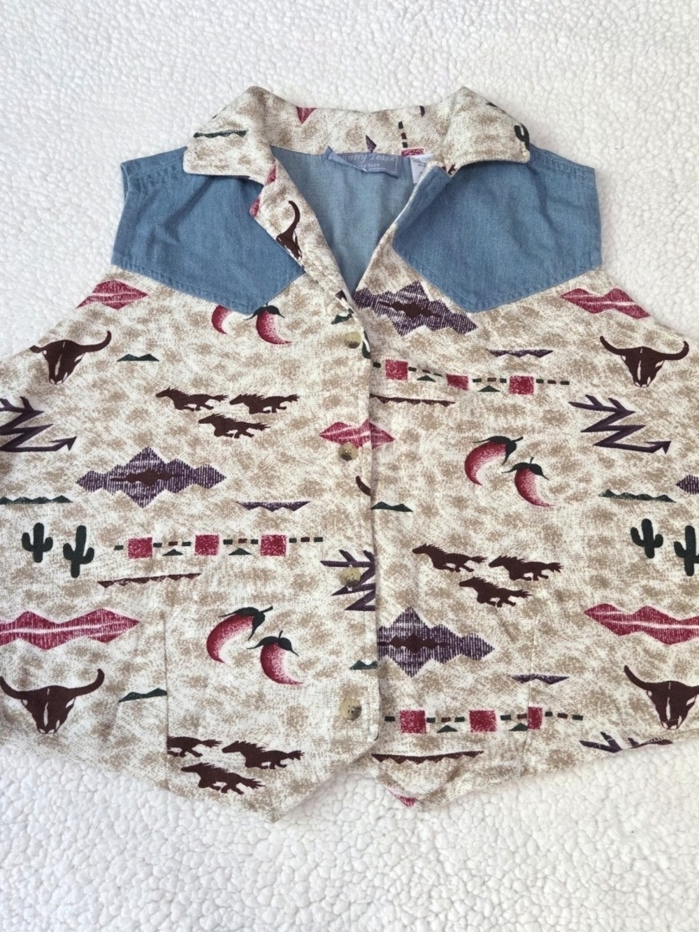 Country Tease Button Up Vest Denim Accent Horse Pepper Vintage Western Print
